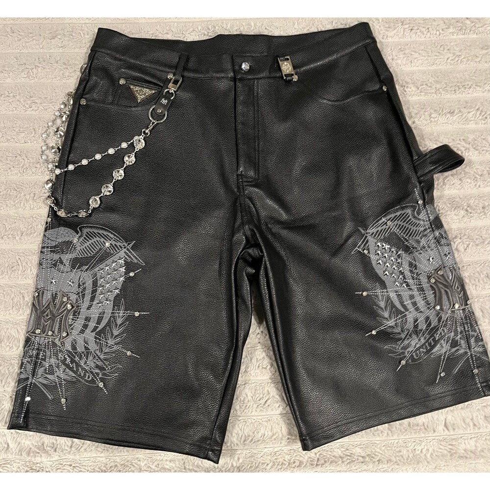 Watson United We Stand Black Leather Shorts Size 38 NWT Rhinestone Chain